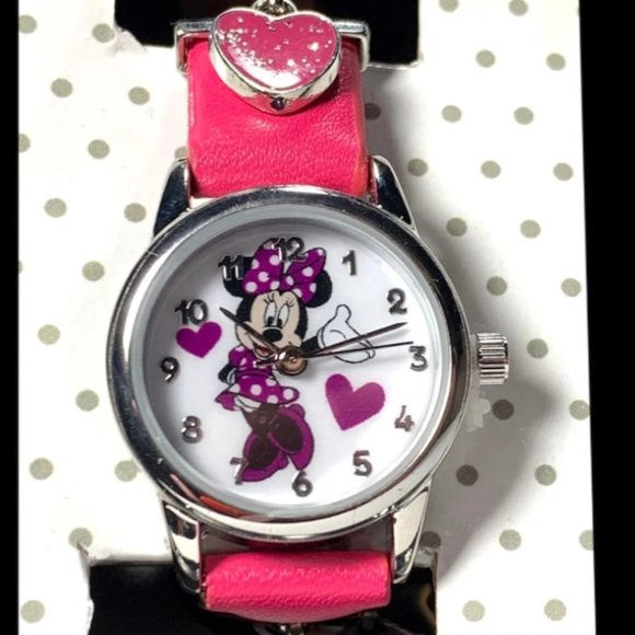 A21-NIB Minnie Mouse Silver with Pink Leather Band 3 Hand Watch - Picture 3 of 8